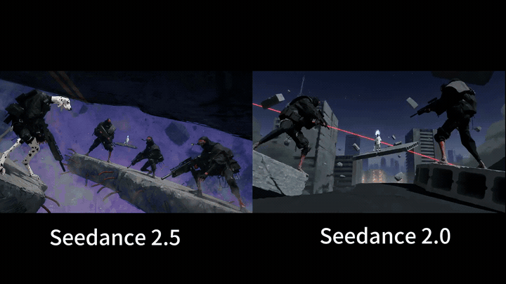 Seedance 2.0 与 2.5 快速打斗对比