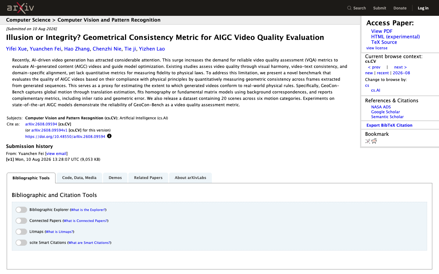 GeoCon-Bench 几何一致性研究的 arXiv 页面