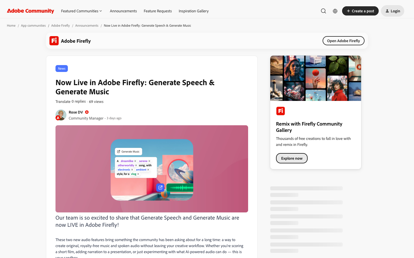 Adobe Firefly Generate Speech 与 Generate Music 发布页面